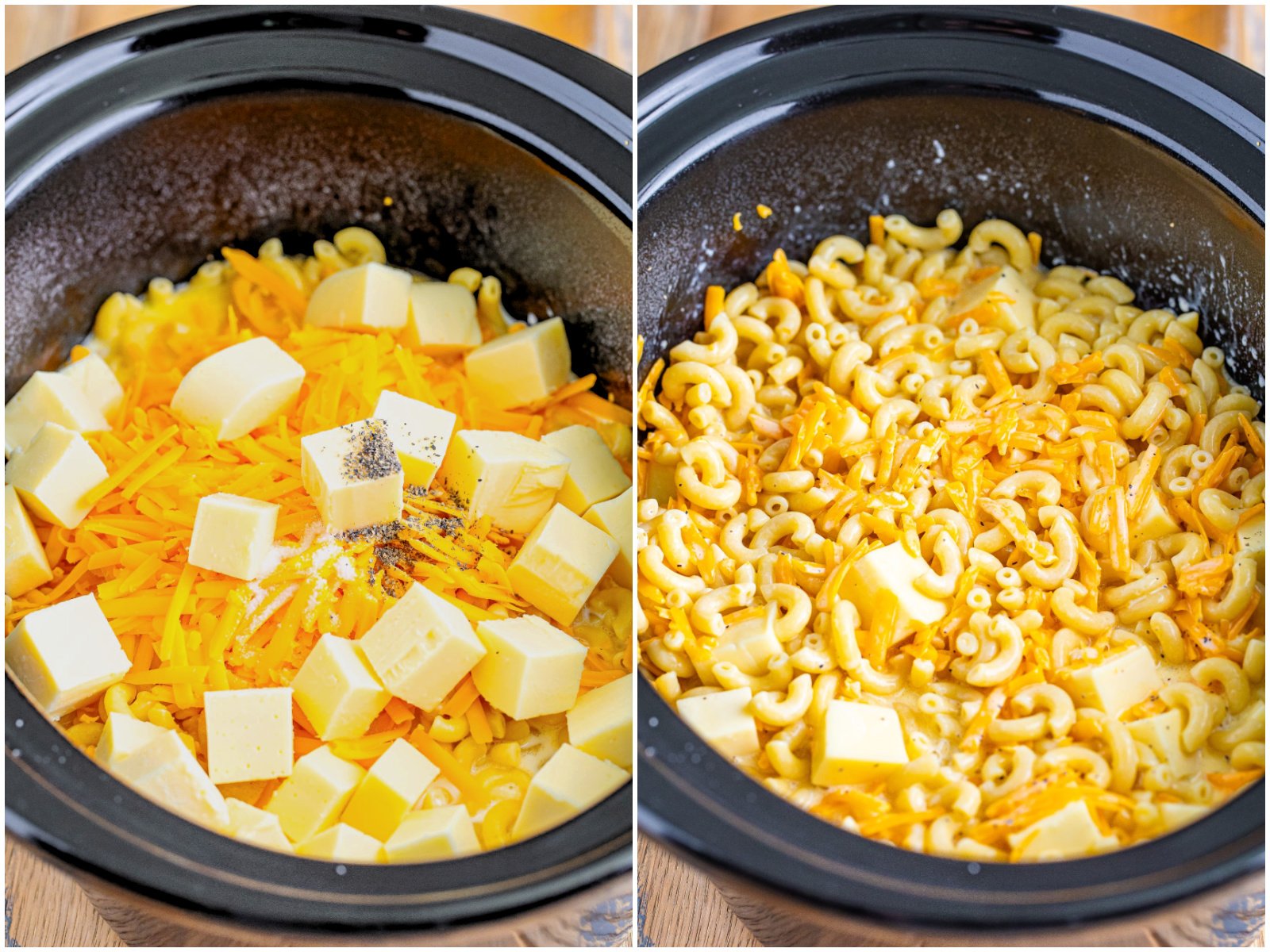 collage of two photos: cubed and shredded cheeses added to slow cooker; mixture shown stirred together. 