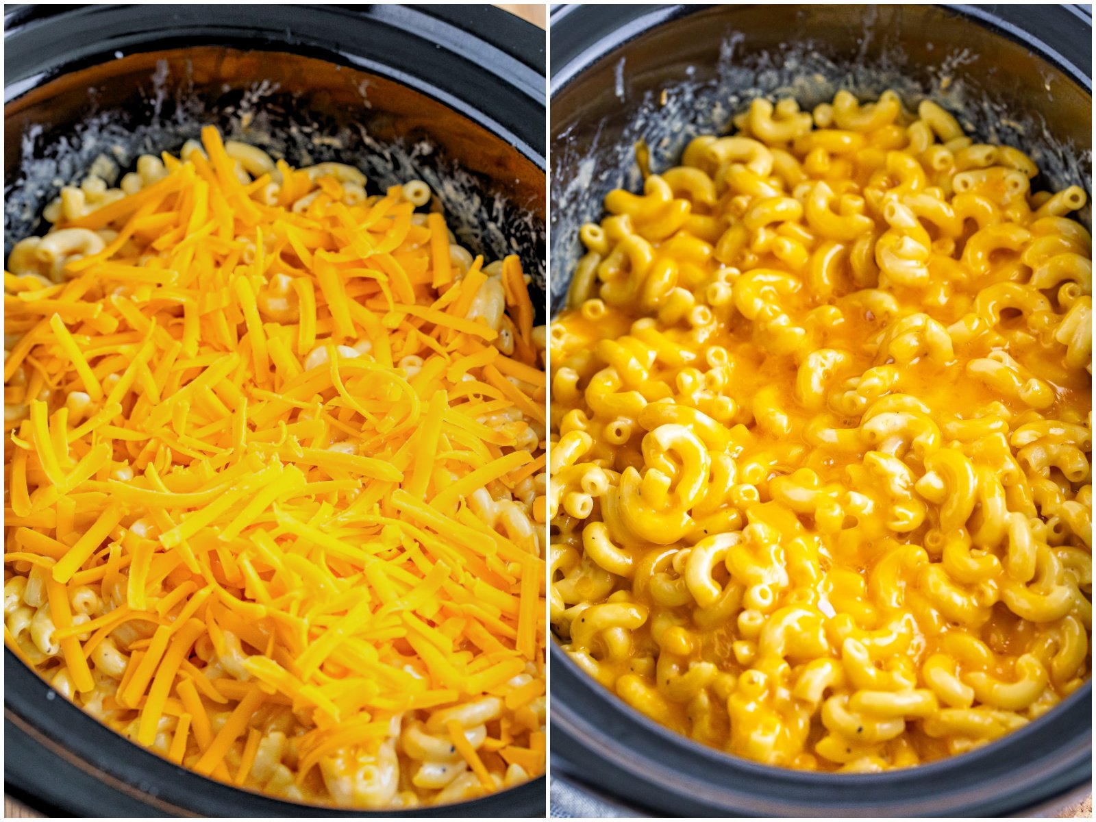 collage of two photos: shredded cheese sprinkled on top of macaroni and cheese in crock pot; fully melted cheese on macaroni and cheese. 