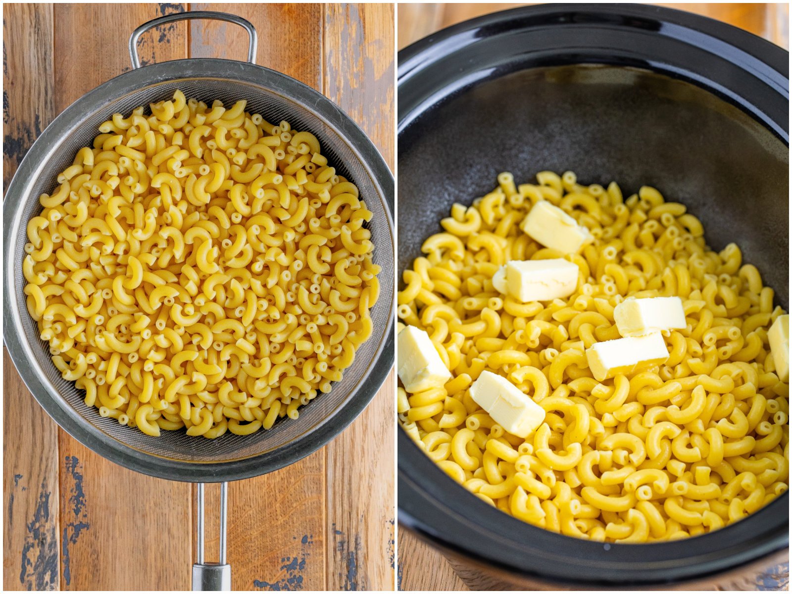 collage of two photos: fully cooked macaroni noodles being drained in a colander; butter slices placed on top of macaroni noodles in crock pot.