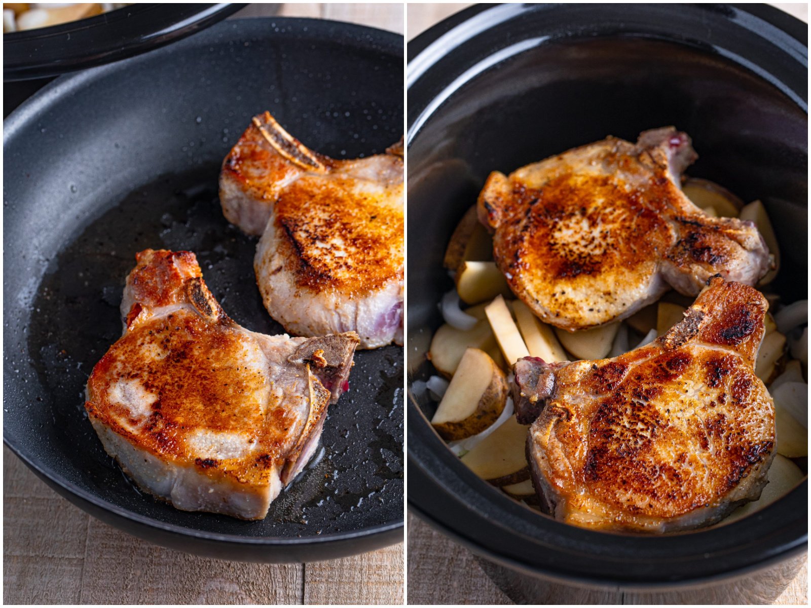 collage of two photos: browned pork chops oil a skillet; browned pork chops placed on top of potatoes and onions in crock pot. 