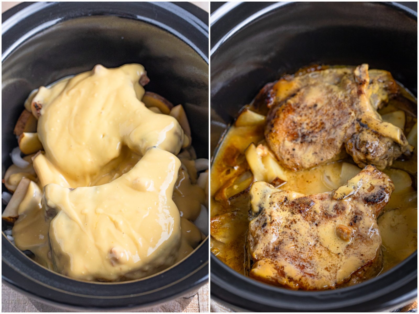 collage of two photos: cream of chicken soup and beef broth poured over pork chops; fully cooked pork chops and potatoes in crock pot. 