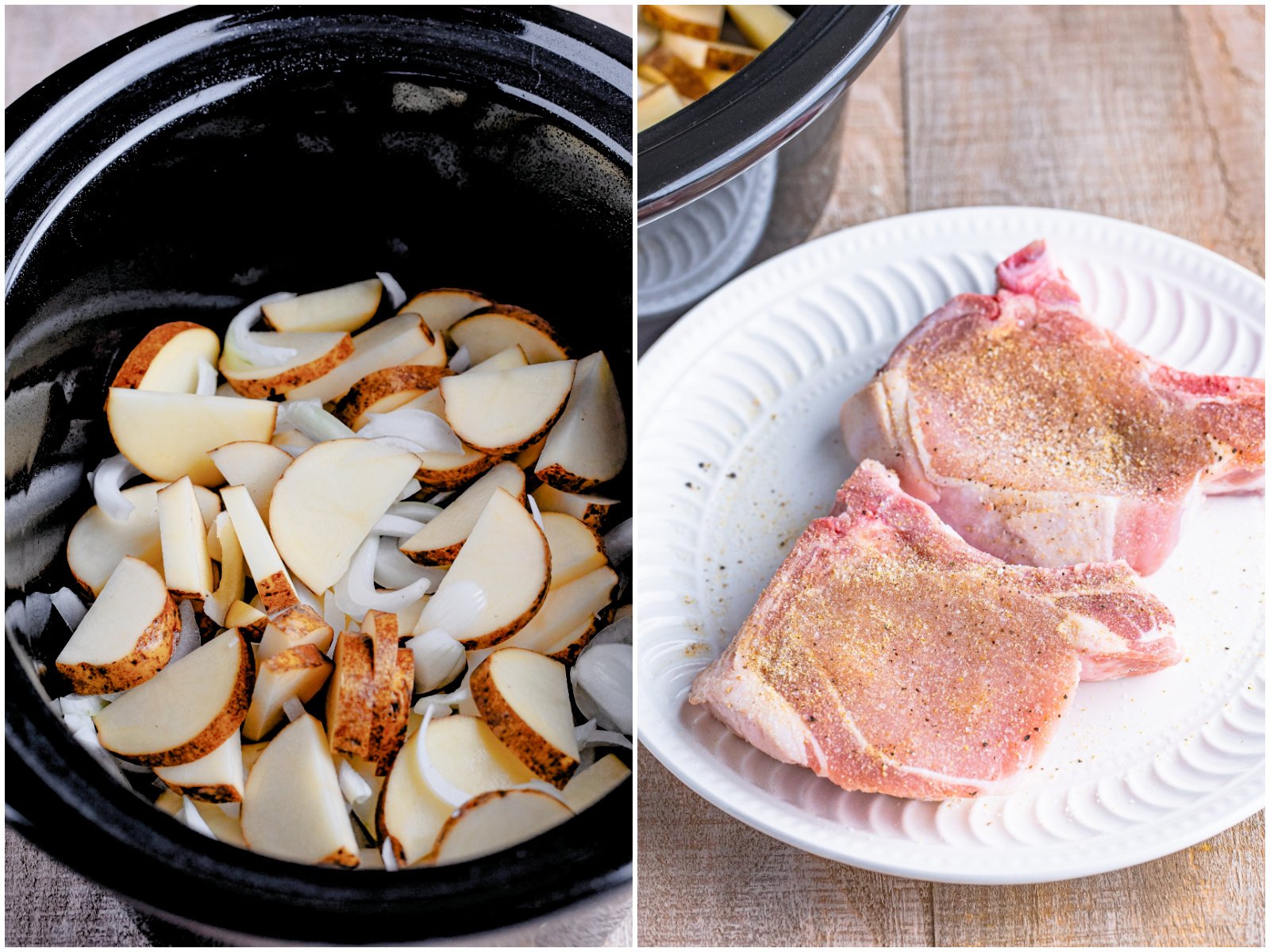 collage of two photos: sliced potatoes and onions in a Crock Pot; two seasoned pork chops on a plate. 