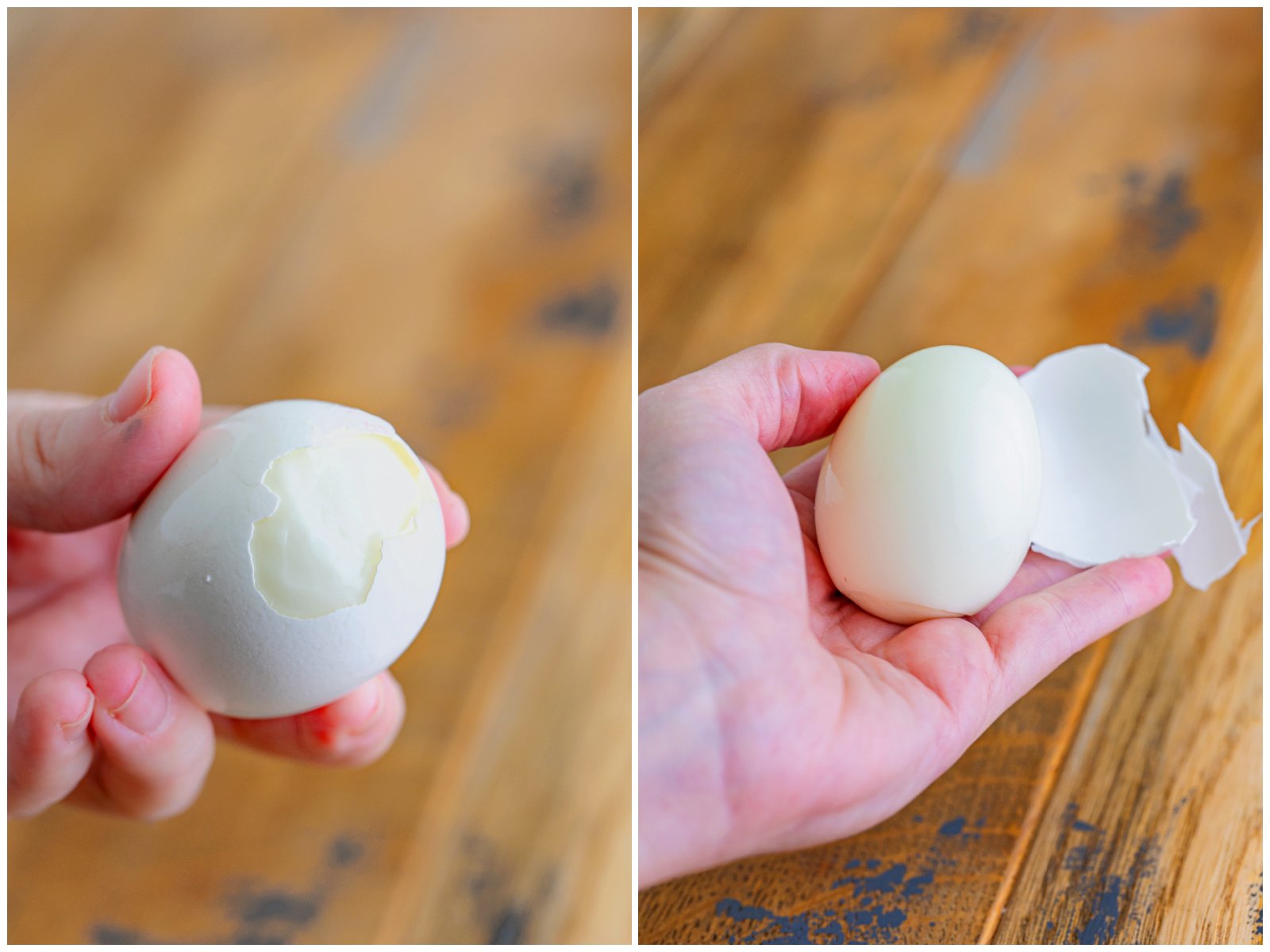 collage of two photos: showing the membrane inside the egg; a hand showing the peeling of an egg.