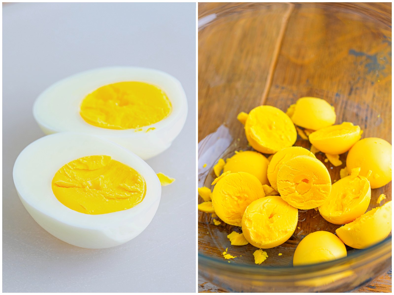 collage of two photos: an egg sliced n half; egg yolks in a bowl. 