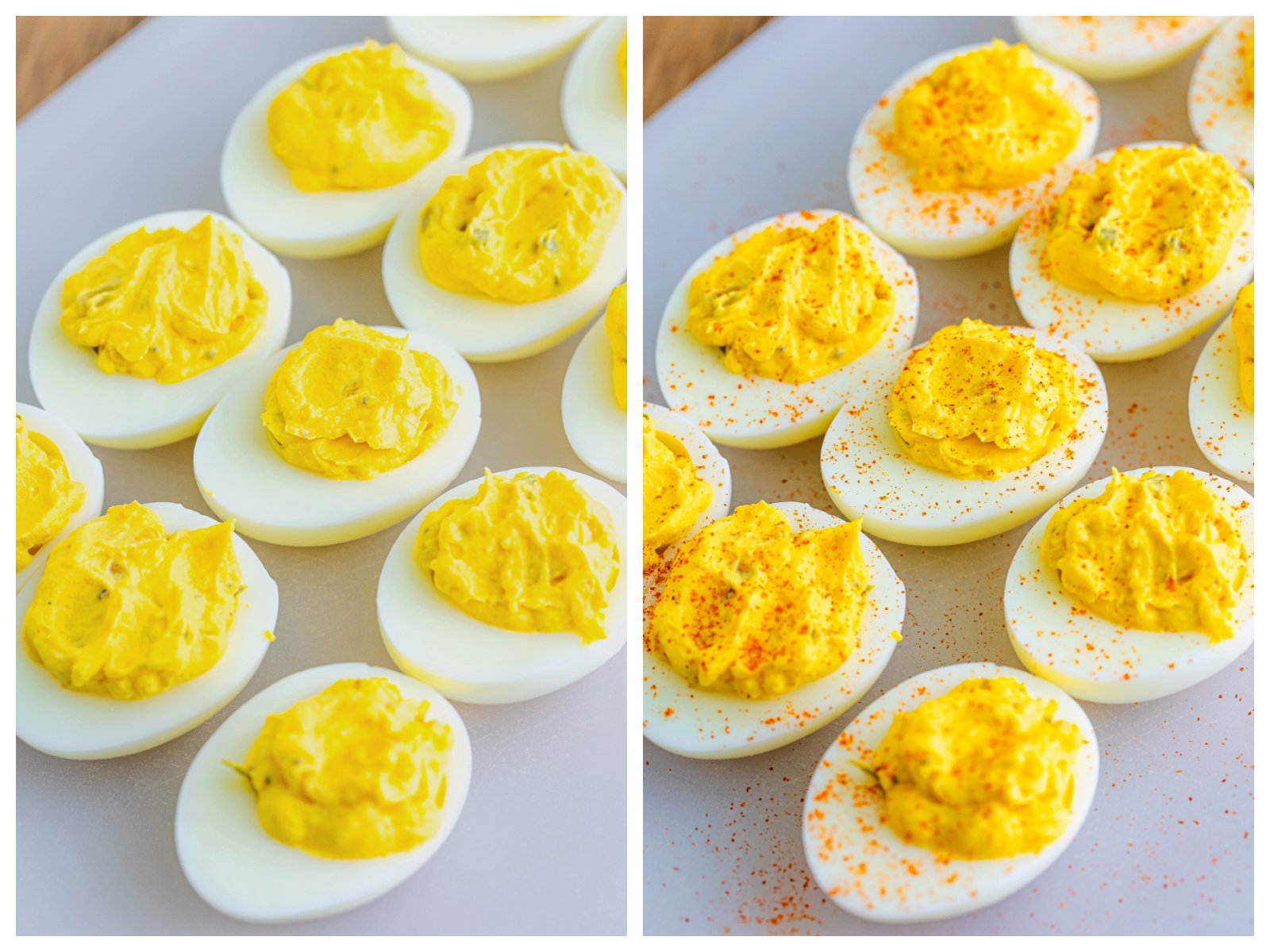 collage of two photos: yolk filling added to egg whites; paprika sprinkled on top of deviled eggs. 