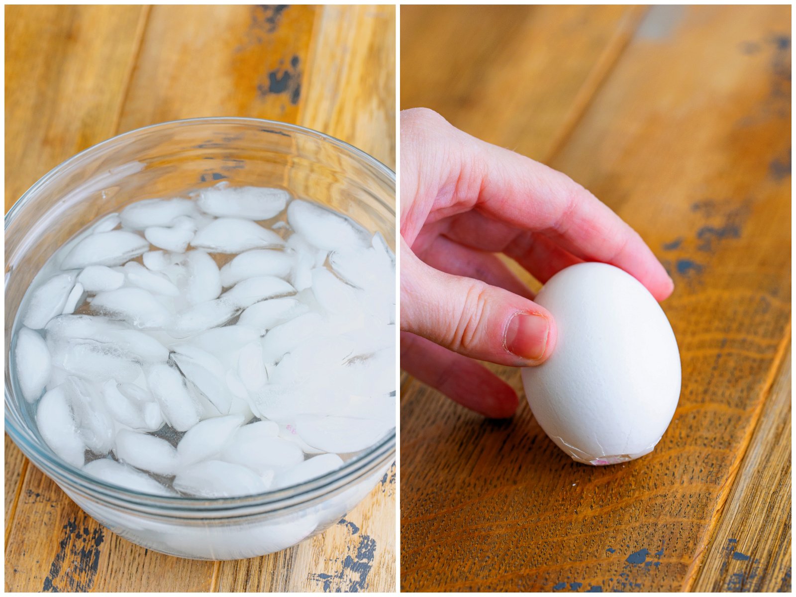 collage of two photos: eggs shown cooling in an ice bath; tapping the bottom end of the egg on a hard surface. 