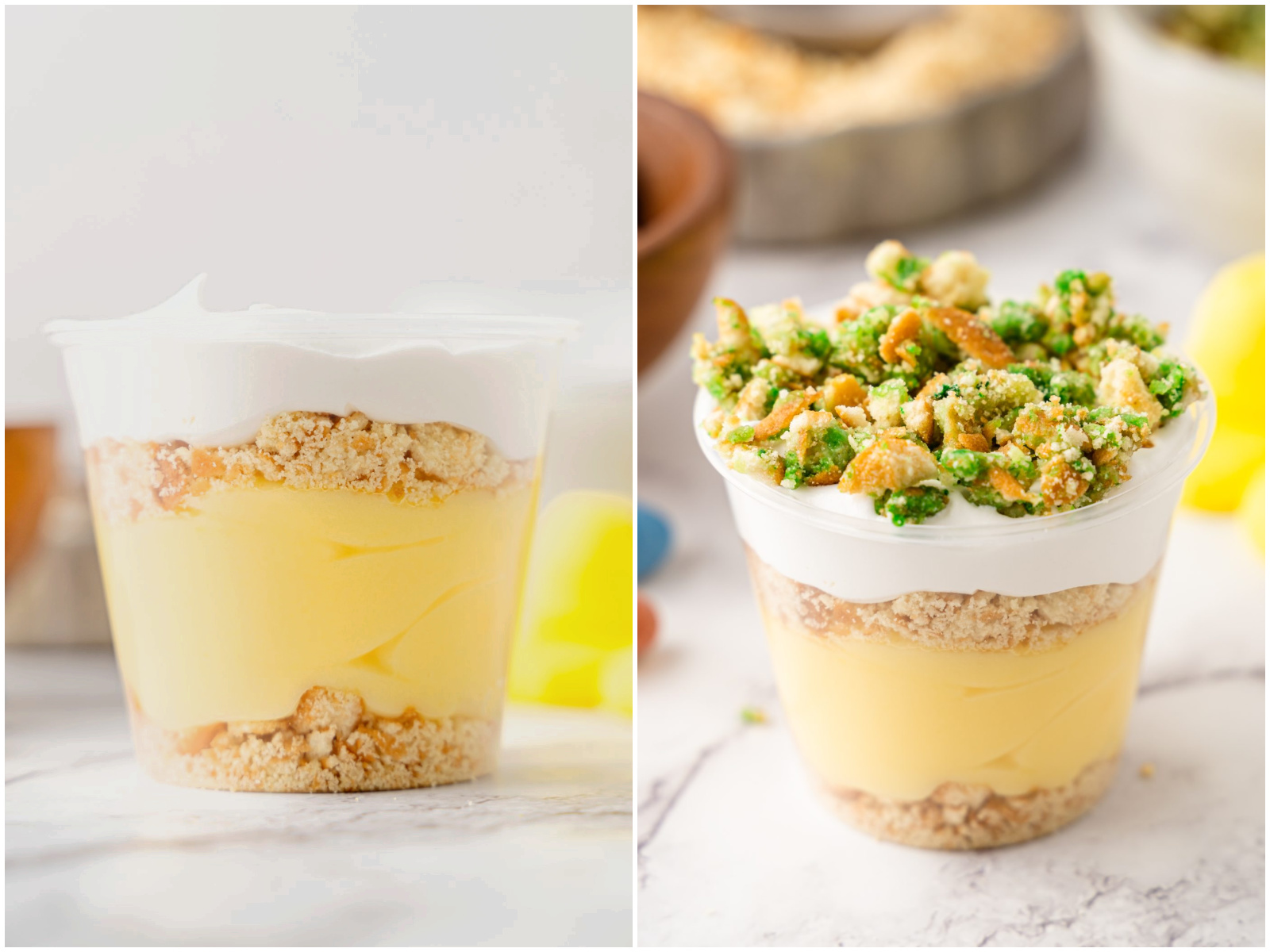 collage of two photos: a cup with layers of pudding, cookie crumbs, and whipped topping; green crushed vanilla wafers added on top of the pudding cups. 