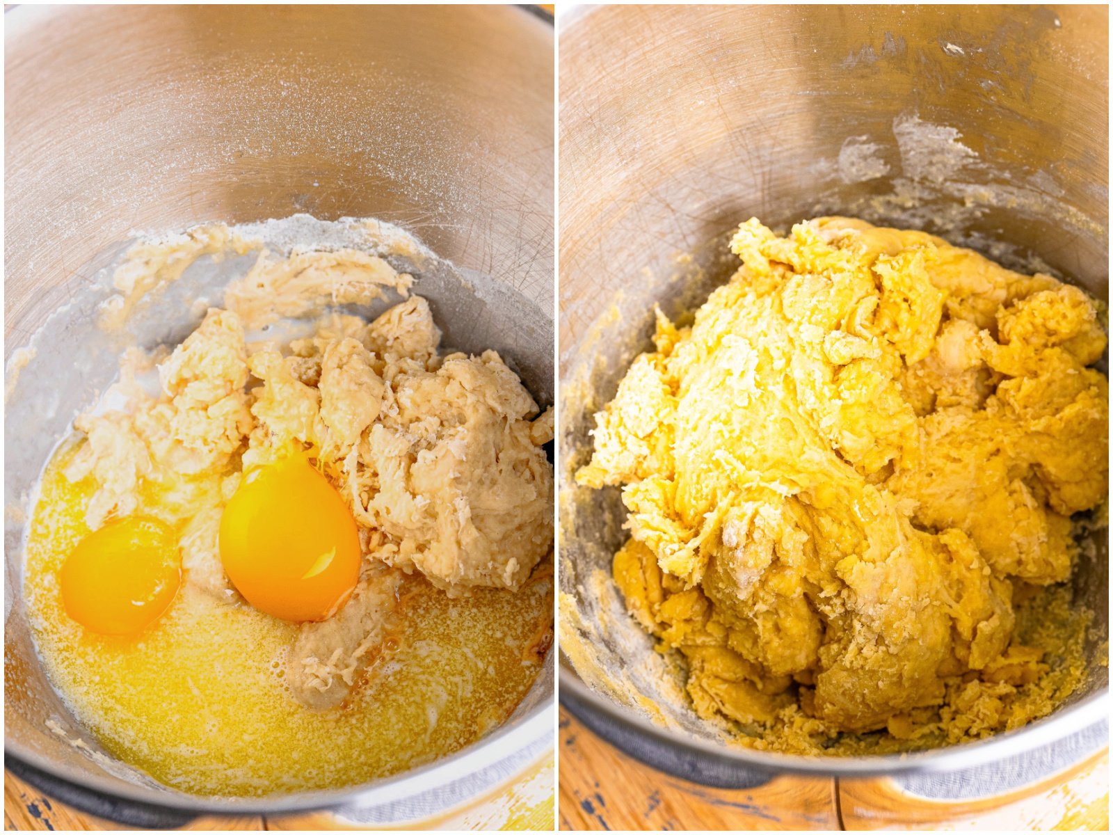 collage of two photos: eggs and some other ingredients for Hot Cross Bun dough; dough being mixed in stand mixer bowl. 
