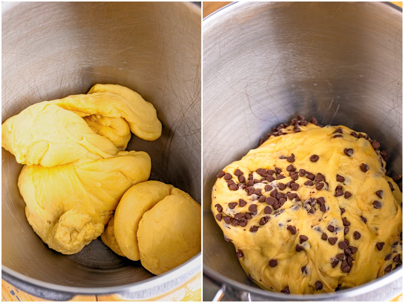 collage of two photos: smooth dough in a mixing bowl; mini chocolate chips added to the dough in bowl. 
