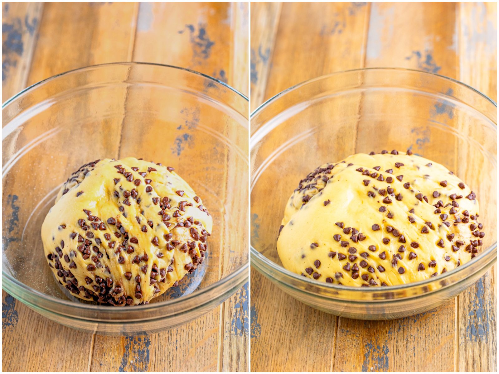 collage of two photos: dough ball covered in oil in a bowl; dough ball after it has risen in bowl. 