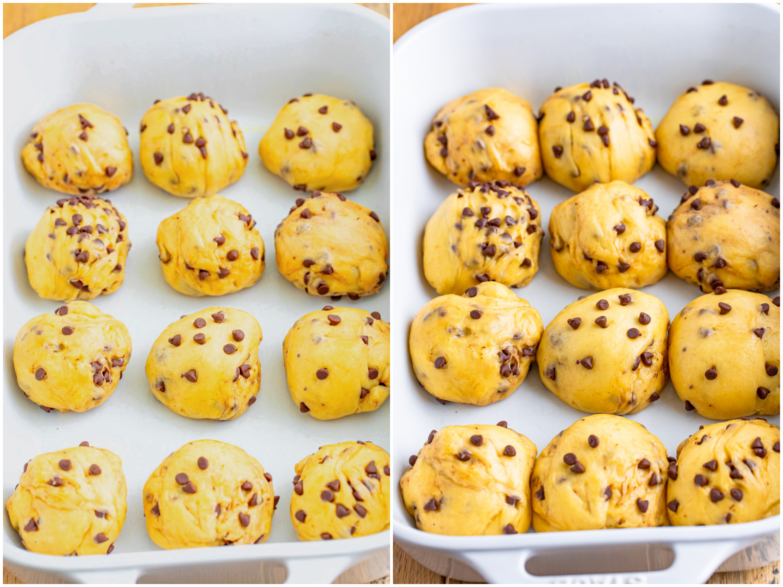 collage of two photos: hot cross bun dough balls in baking dish; risen dough balls before baking. 
