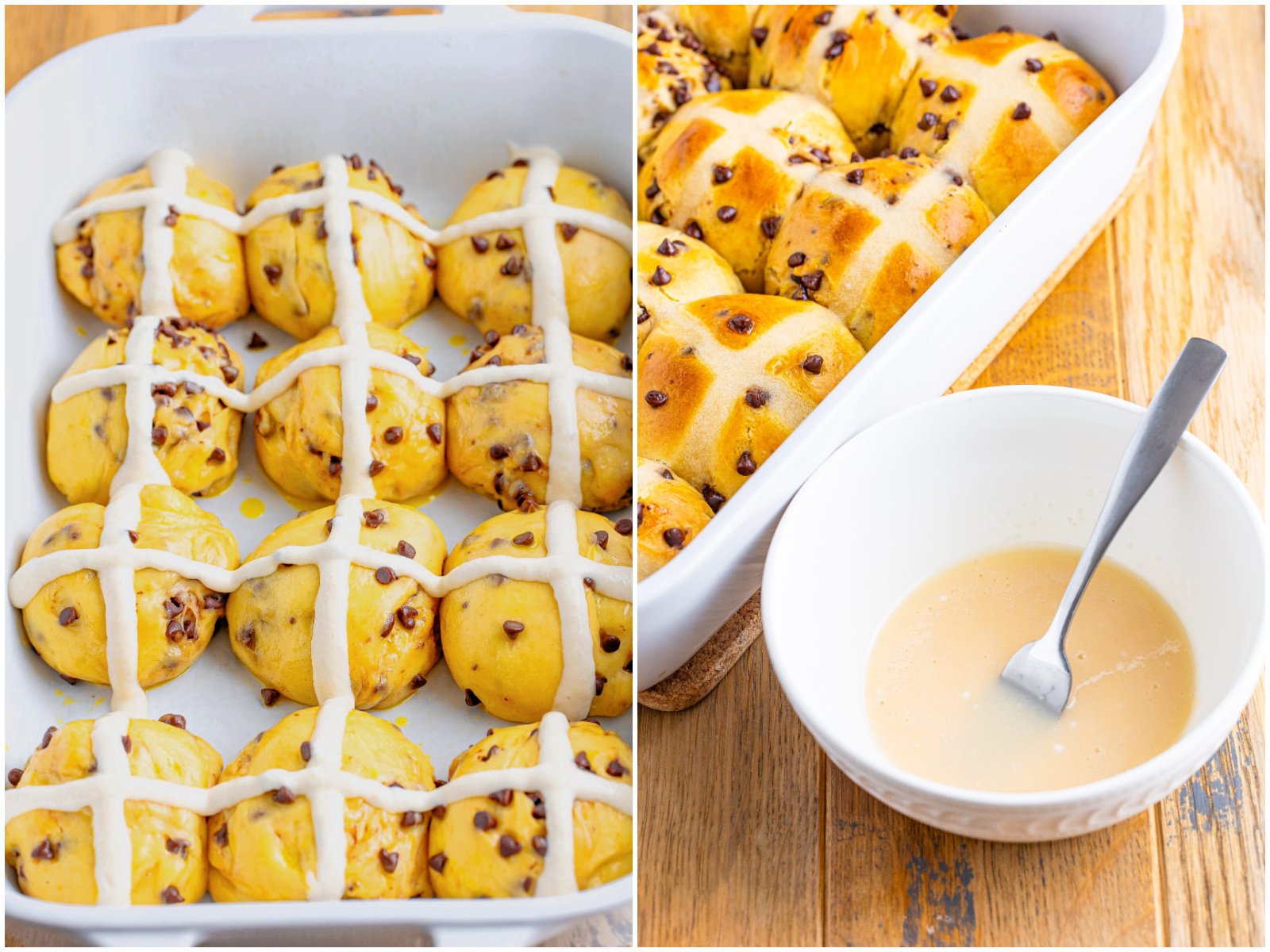 collage of two photos: crosses made on hot cross buns in a baking dish; powdered sugar and milk mixed together in a bowl. 