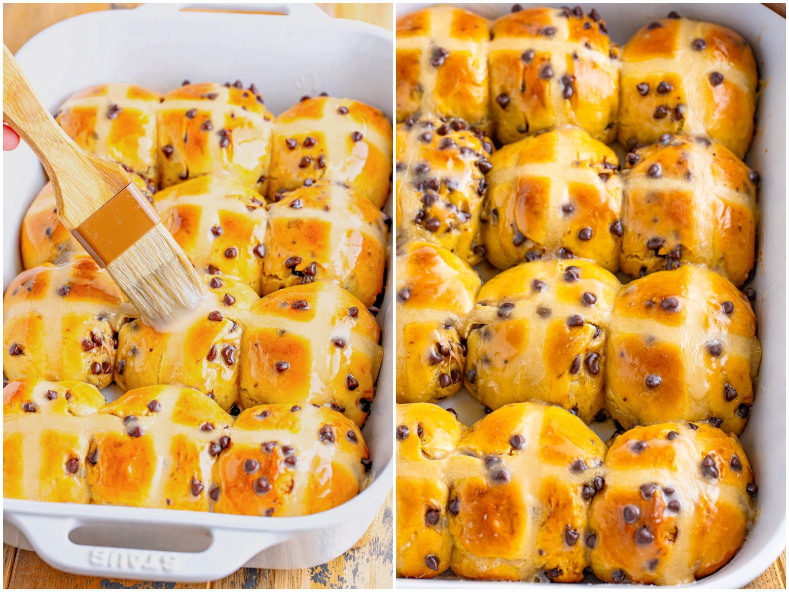 collage of two photos: a pastry brush slathering on powdered sugar glaze; Hot Cross Buns in baking dish ready to eat. 
