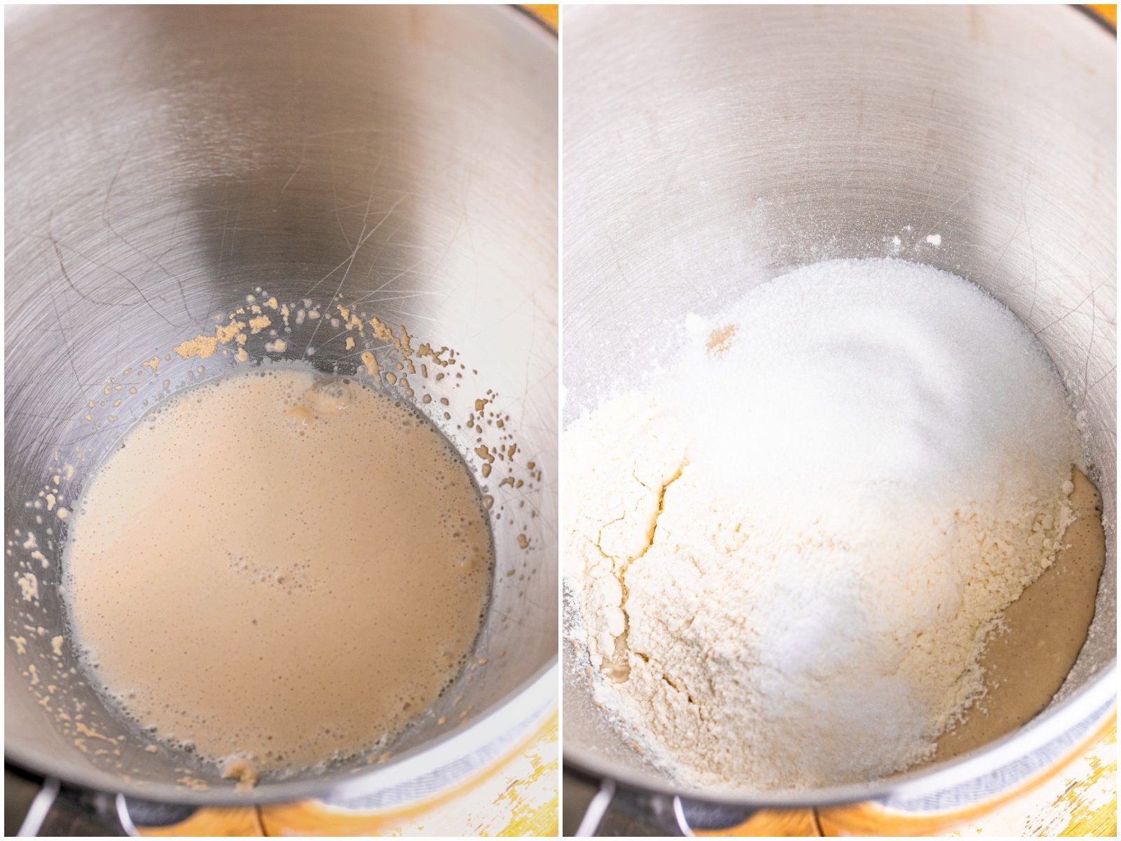 collage of two photos: yeast blooming in a mixing bowl; water, yeast, flour, sugar, and salt in a mixing bowl. 