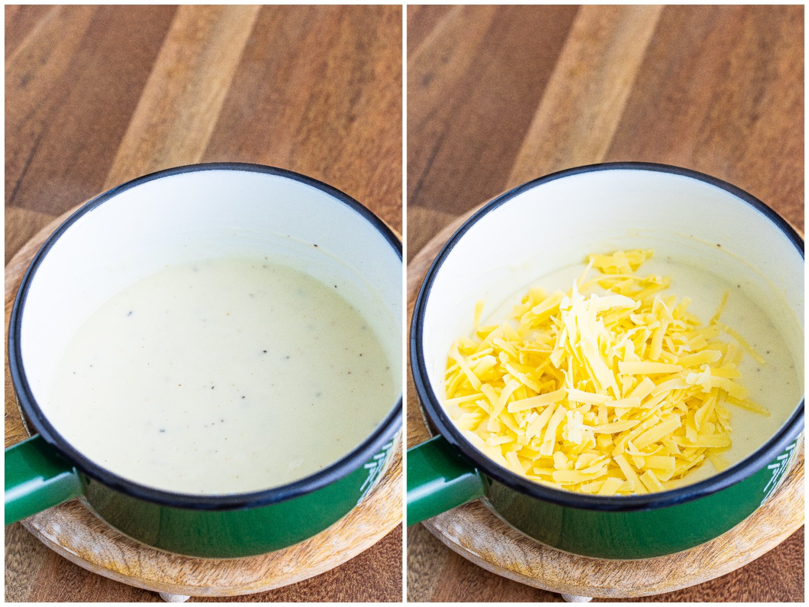 collage of two photos: milk and melted butter mixture in a sauce pan; shredded cheese added to saucepan. 