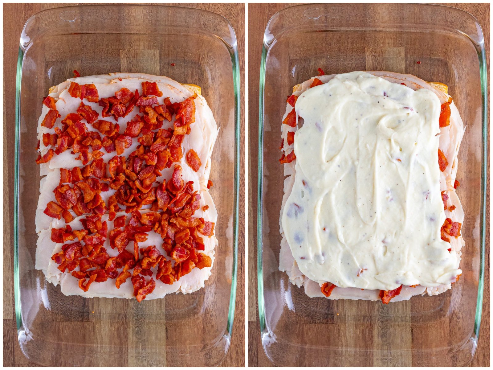 collage of two photos: fried bacon pieces on top of turkey layer; cheese sausage spread on top of bacon layer. 