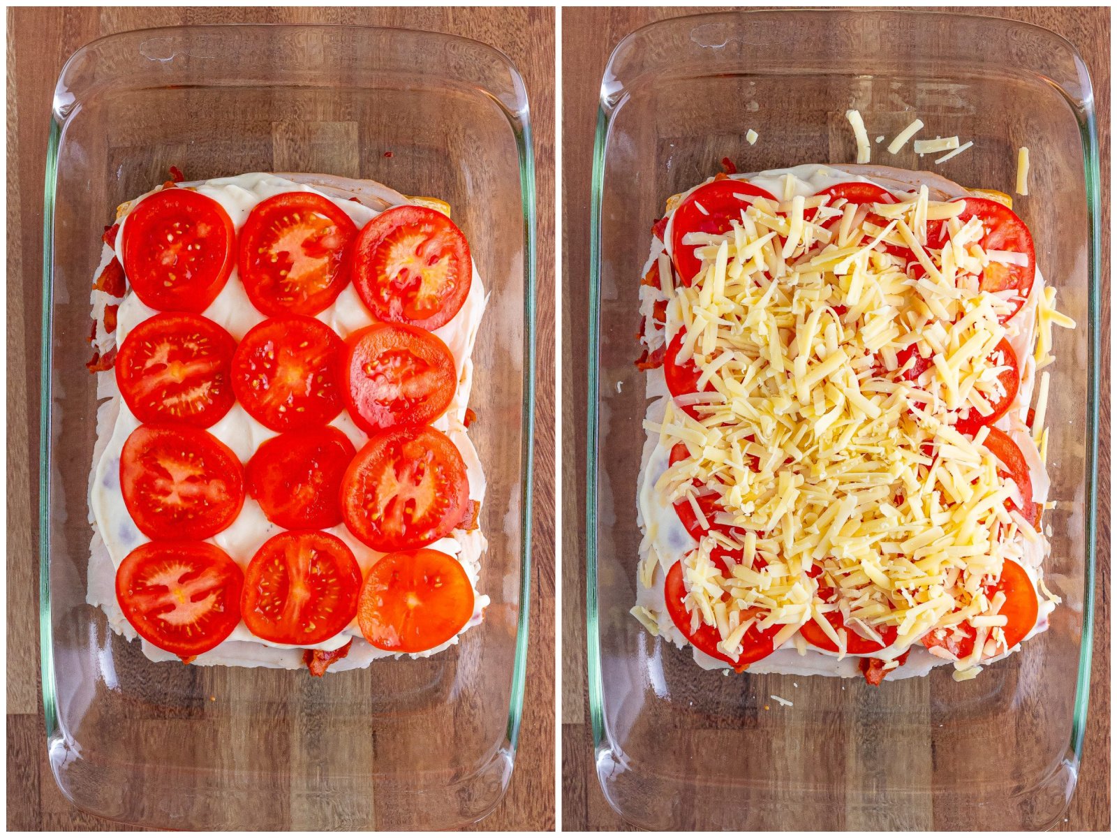 collage of two photos: slices of tomato layered on cheese sauce; shredded cheese layered on top of sliced tomatoes.