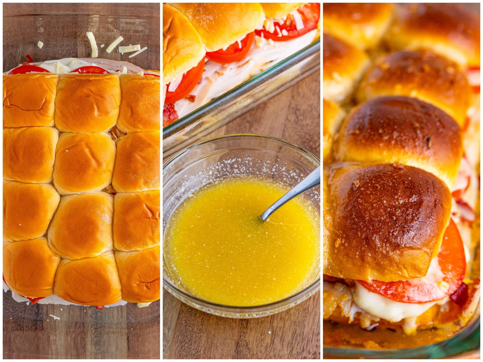collage of three photos: top half of rolls put on top of sliders; melted butter sauce in a small bowl with a fork; fully baked Kentucky Hot Brown Sliders. 