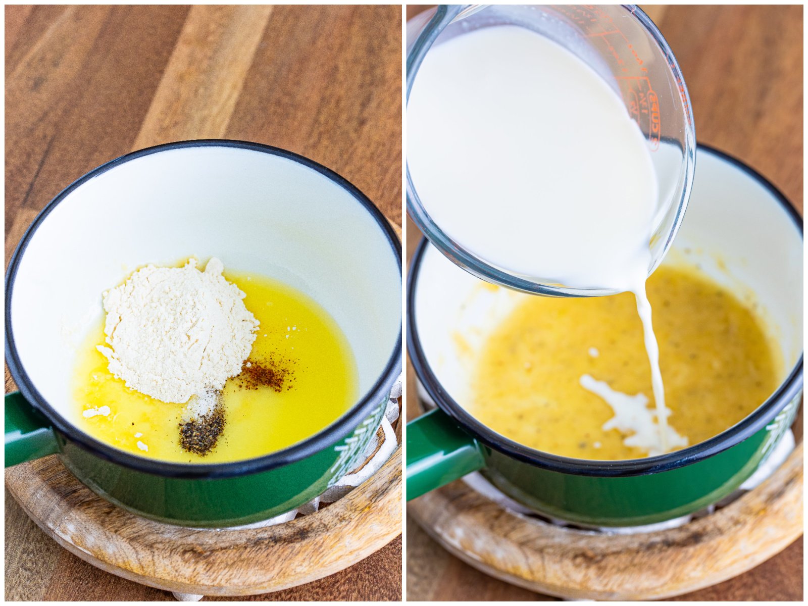 collage of two photos: flour, butter, nutmeg and pepper in a sauce pan; pouring milk into the sauce pan. 