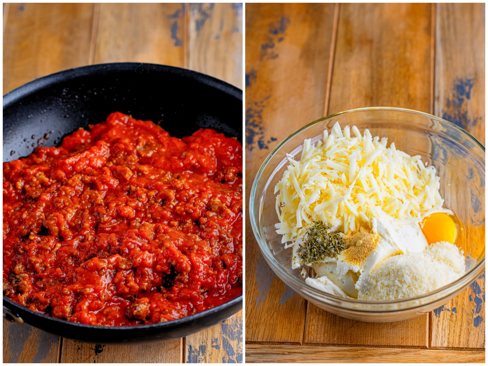 collage of two photos: marinara sauce and ground sausage in a skillet; a mixing bowl with ricotta, egg, parmesan, half of the mozzarella, Italian seasoning, and garlic powder.