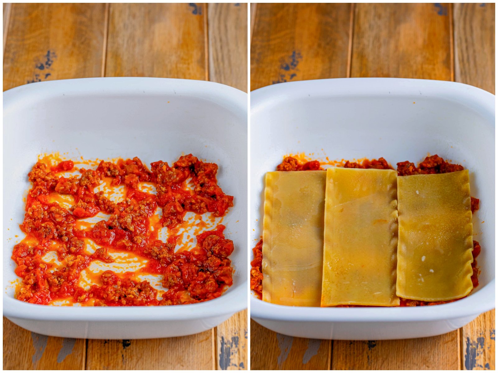 collage of two photos: a casserole dish with marinara sauce; three lasagna noodles on top of sauce in a dish.