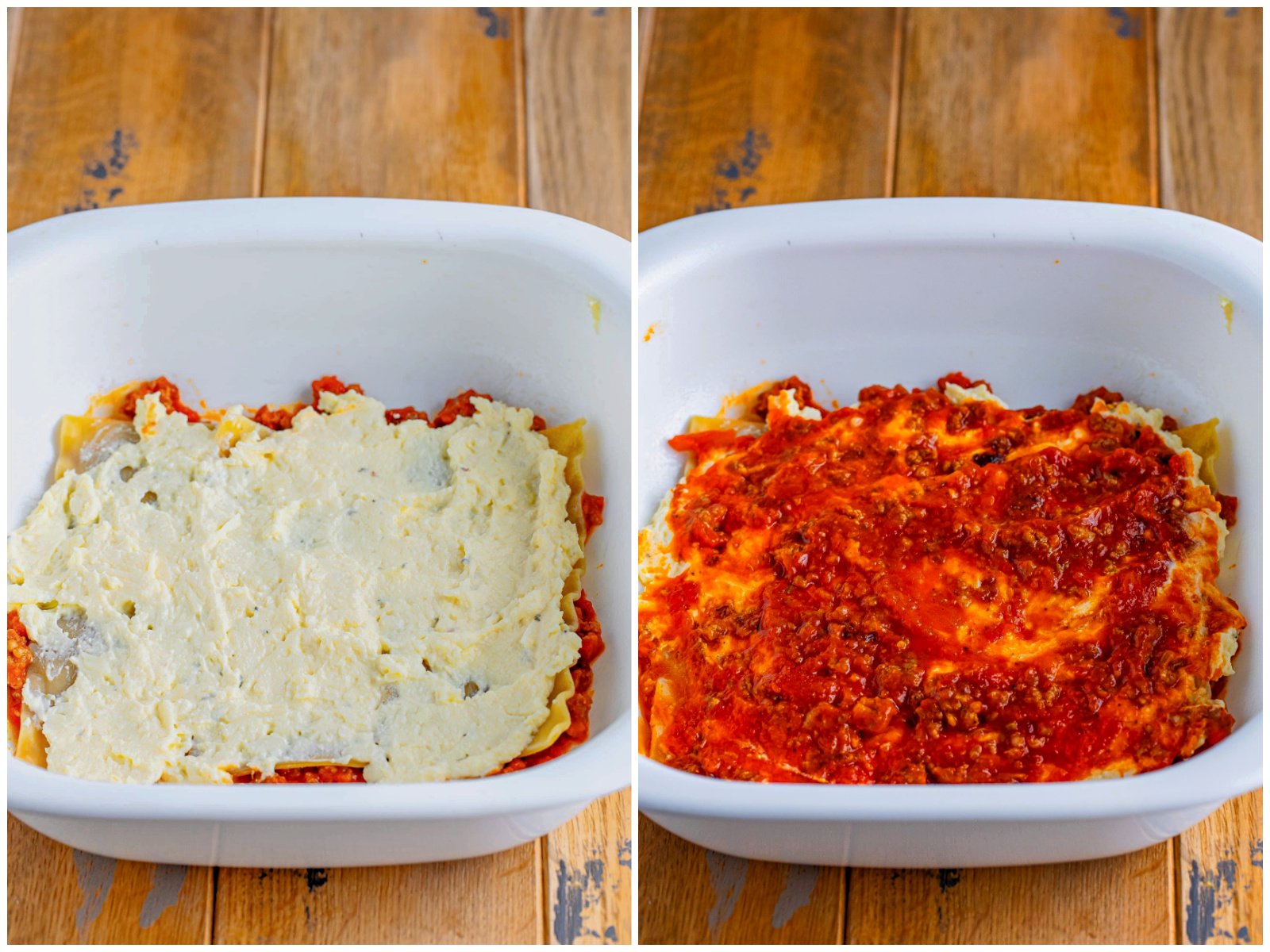 collage of two photos: ricotta cheese mixture on top of noodles and sauce in a baking dish; more marinara sauce spread on top of ricotta. 