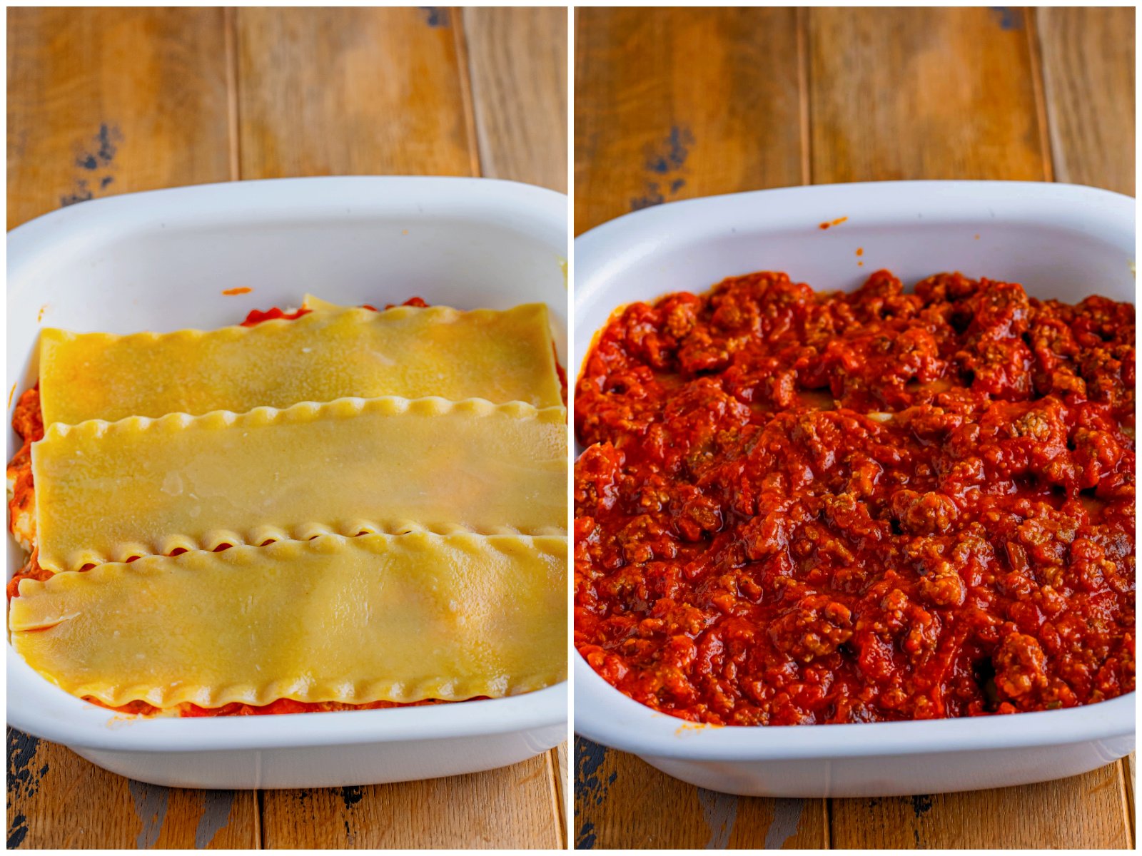 collage of two photos: final layer of cooked lasagna noodles on top; final layer of marinara sauce on top. 