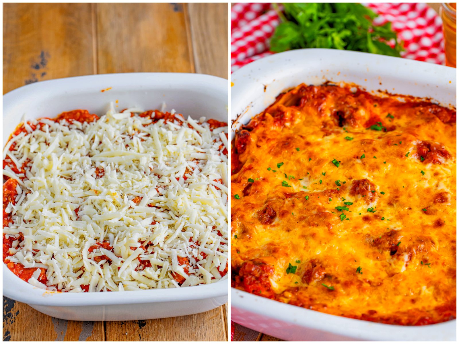 collage of two photos: shredded mozzarella cheese on top of lasagna; fully baked lasagna in casserole dish. 