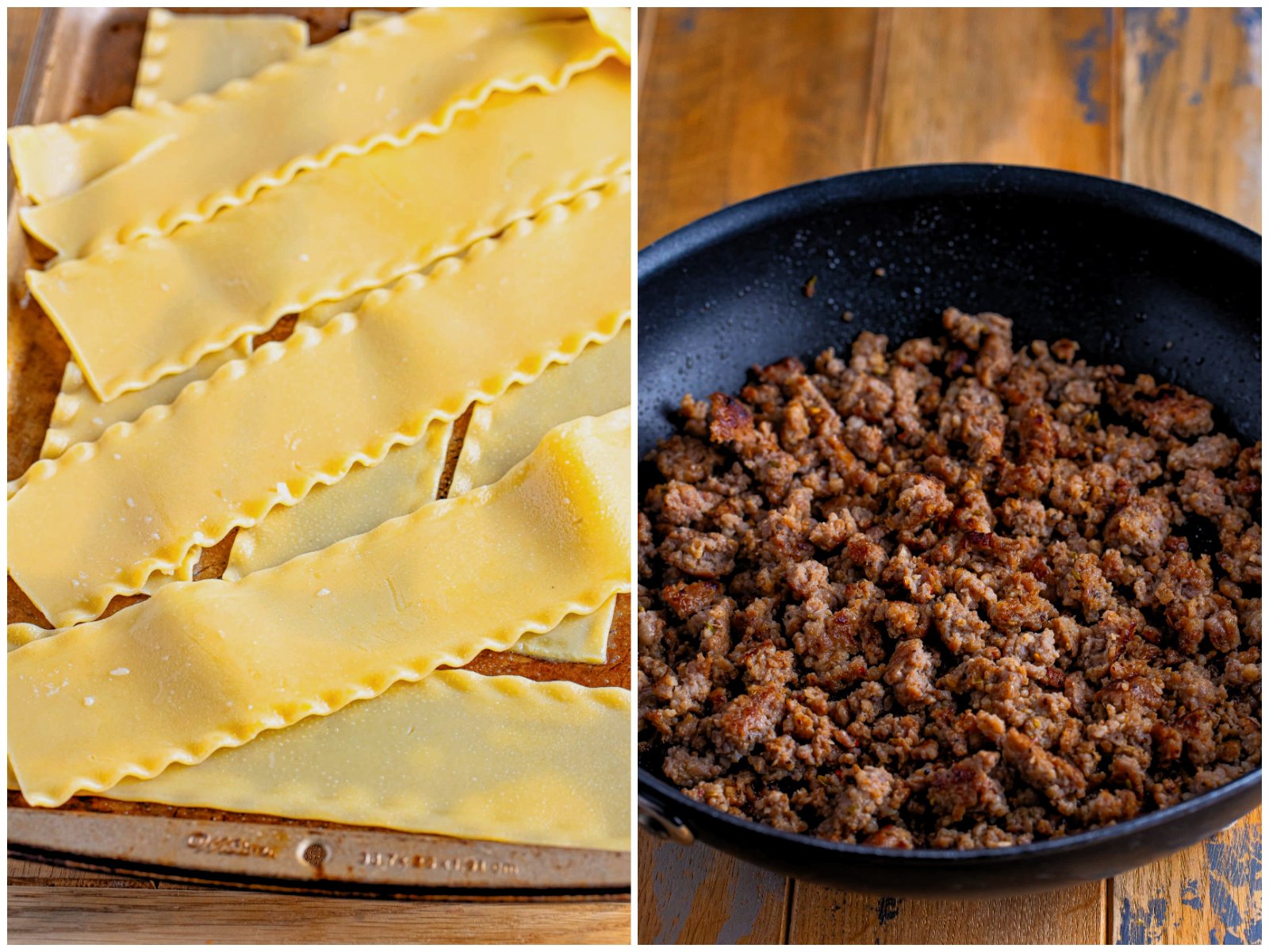 collage of two photos: a few laid out cooked lasagna noodles; a skillet of ground Italian sausage. 