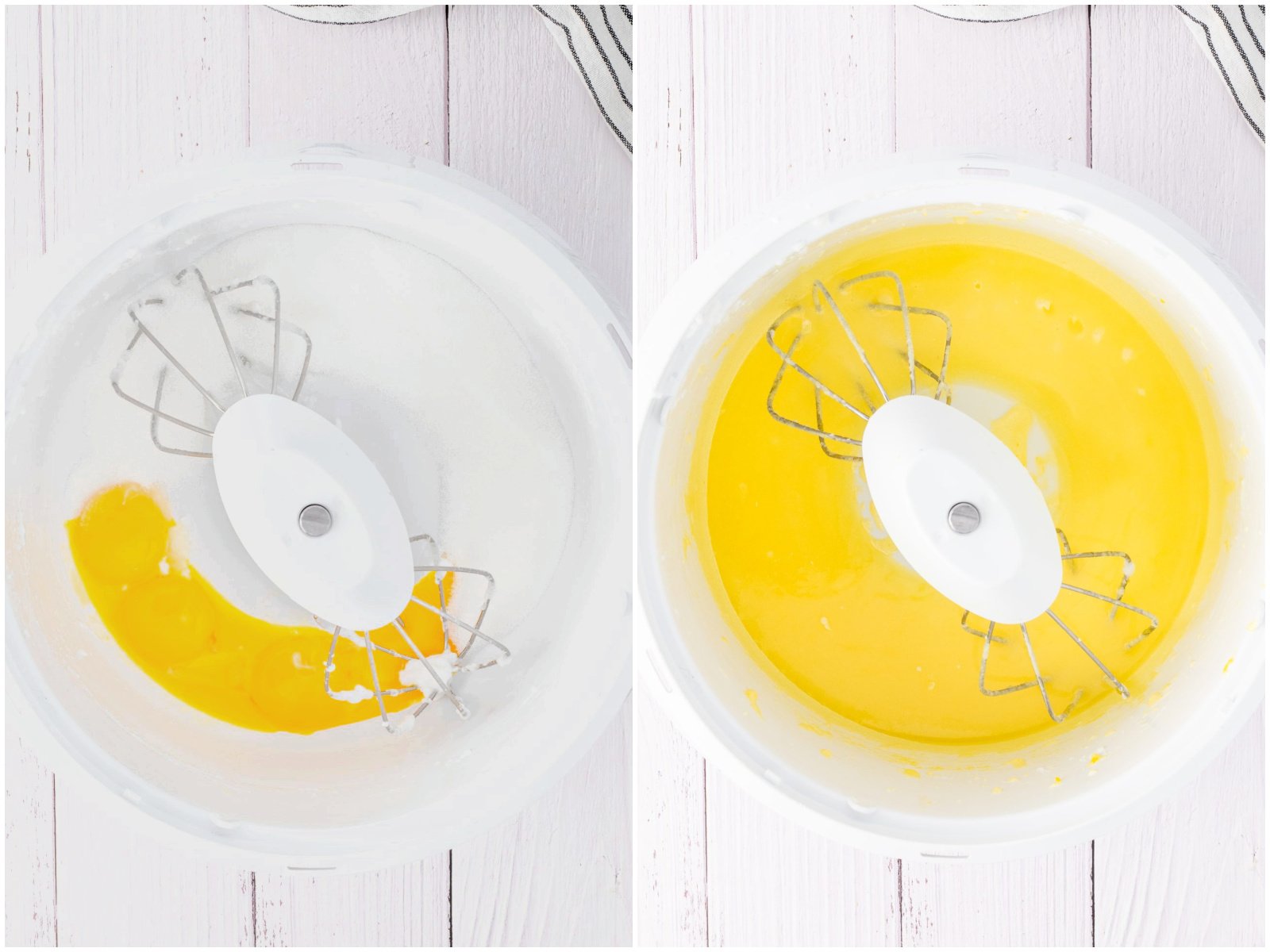 collage of two photos: egg yolks and sugar in the bowl of a stand mixer; melted butter added to stand mixer bowl. 