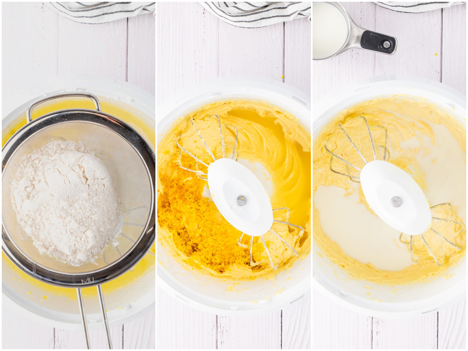 collage of three photos: flour being sifted into stand mixer bowl; lemon zest shown added to cake batter; milk shown added to cake batter. 