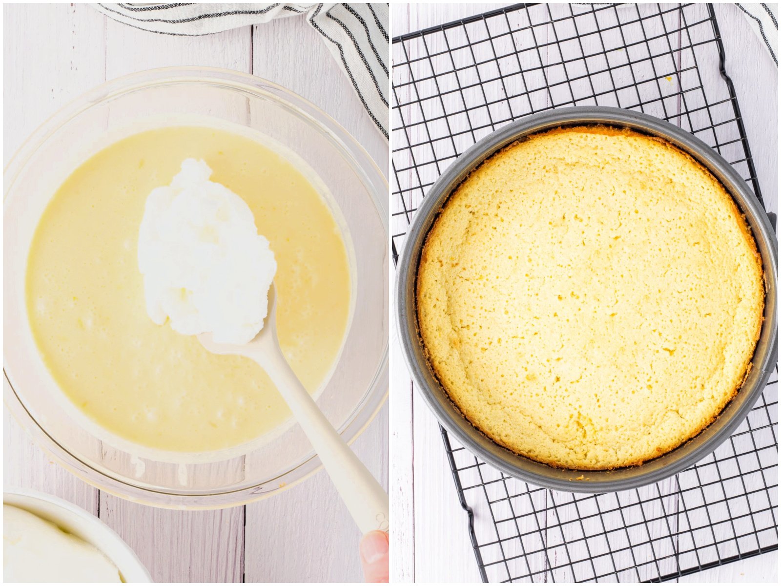collage of two photos: adding in beaten egg whites to cake batter; fully baked lemon magic cake in pan. 
