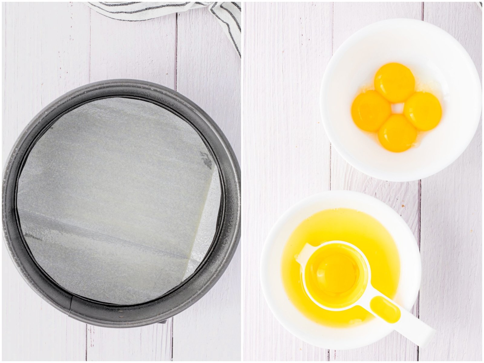collage of two photos: a parchment lined springform pan; separating egg whites from egg yolks. 