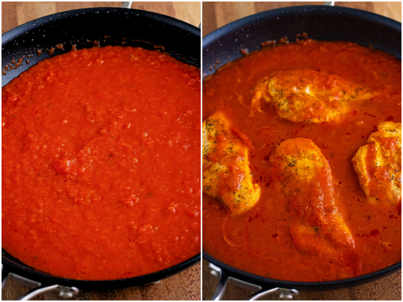 collage of two photos: a skillet of marinara sauce; partially cooked chicken breasts added to marinara sauce in skillet. 