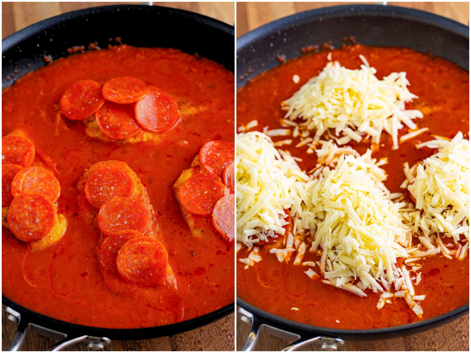 collage of two photos: pepperoni placed on top of each chicken breast in marinara sauce; shredded cheese added on top of pepperoni layer. 