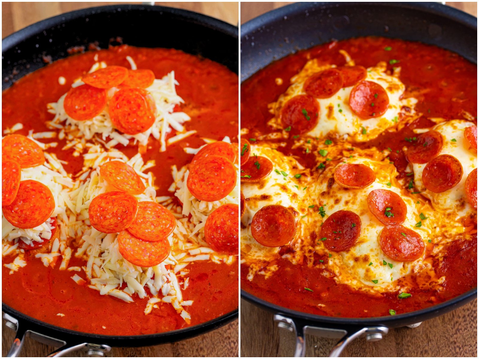 collage of two photos: final layer of pepperoni slices added on chicken; fully cooked pepperoni chicken in skillet. 