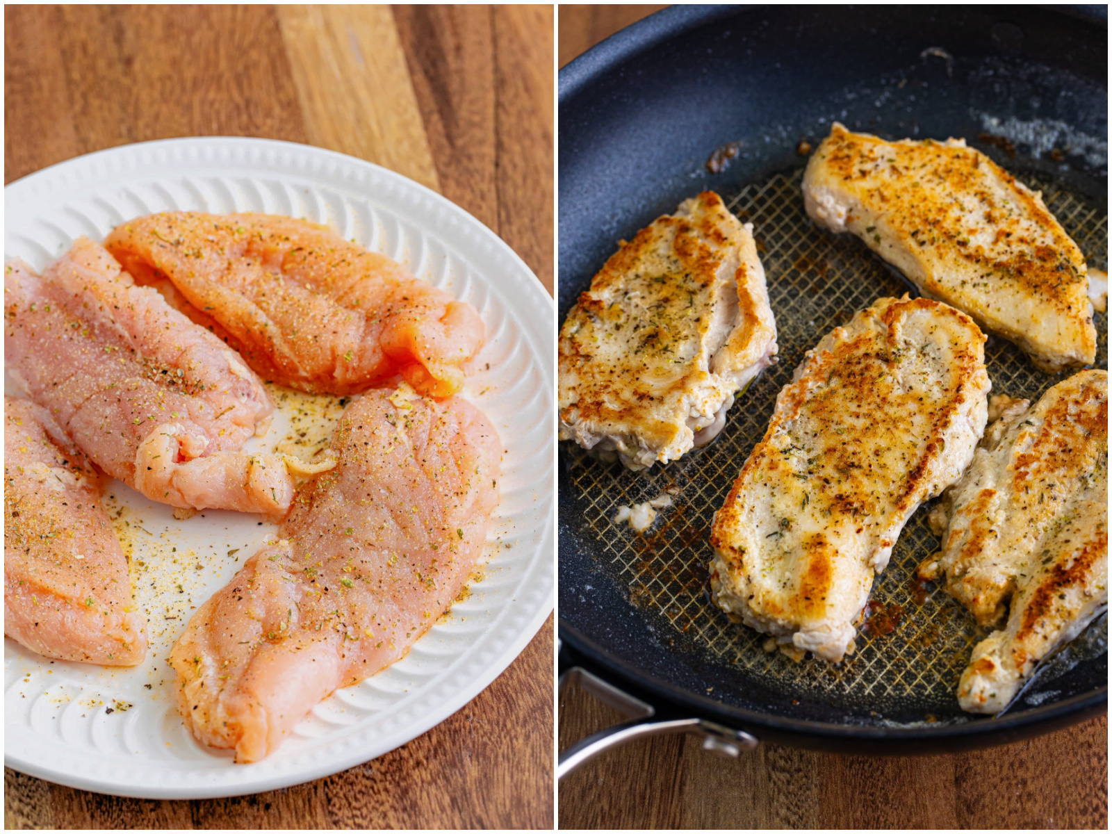 collage of two photos: seasoned raw chicken on a plate; cooked chicken breasts in skillet. 