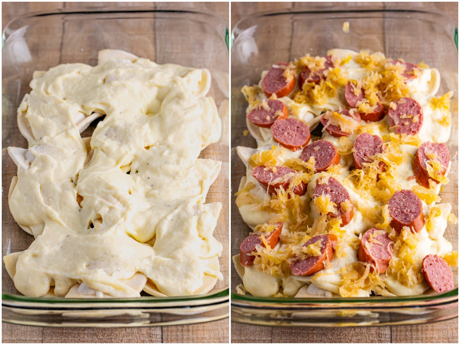 collage of two photos: cheese sauce layered on top of pierogies; sauerkraut and sliced kielbasa layered on top of cheese sauce. 