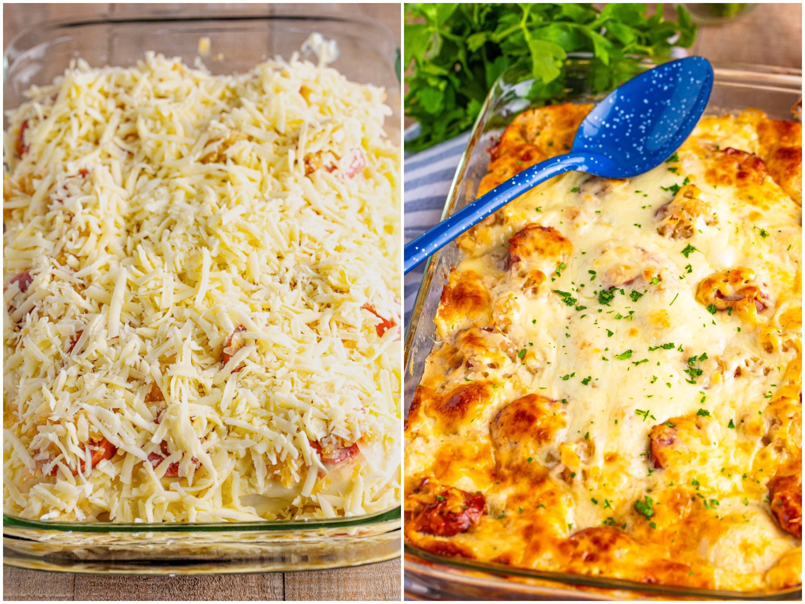 collage of two photos: shredded mozzarella cheese on top of a pierogi casserole; fully baked pierogi casserole with melted cheese. 