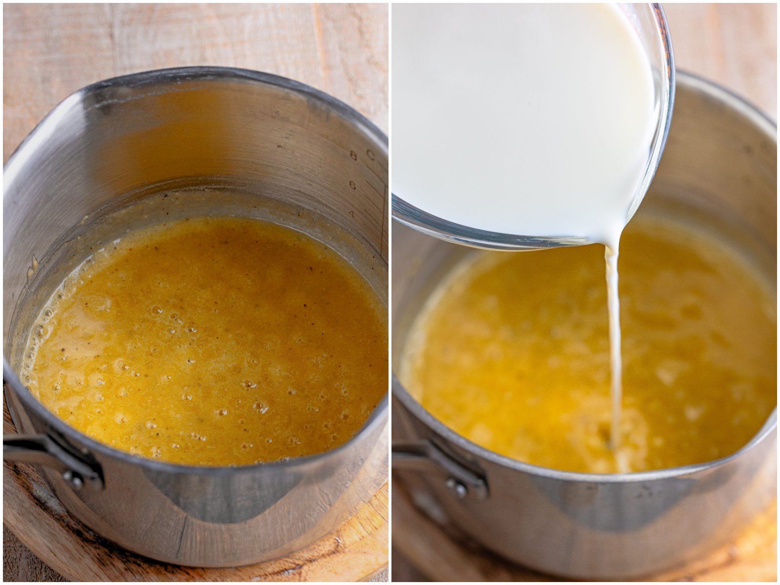 collage of two photos: a saucepan with melted butter, flour, garlic powder, onion powder, salt, and pepper; milk being poured into saucepan. 