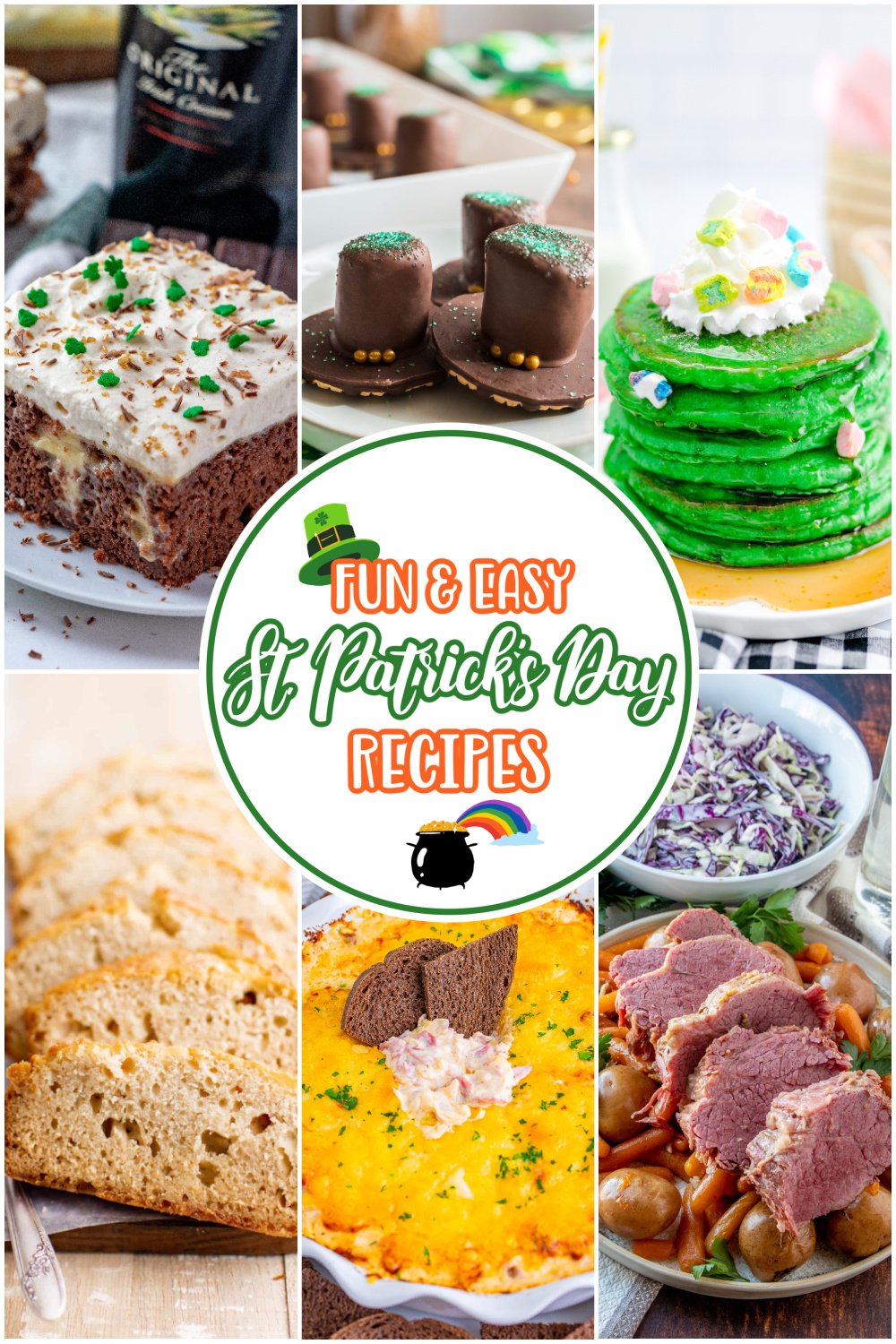 a collage of 6 St Patrick's Day food photos with text in the center of the collage that says "Fun and Easy St Patrick's Day Recipes"