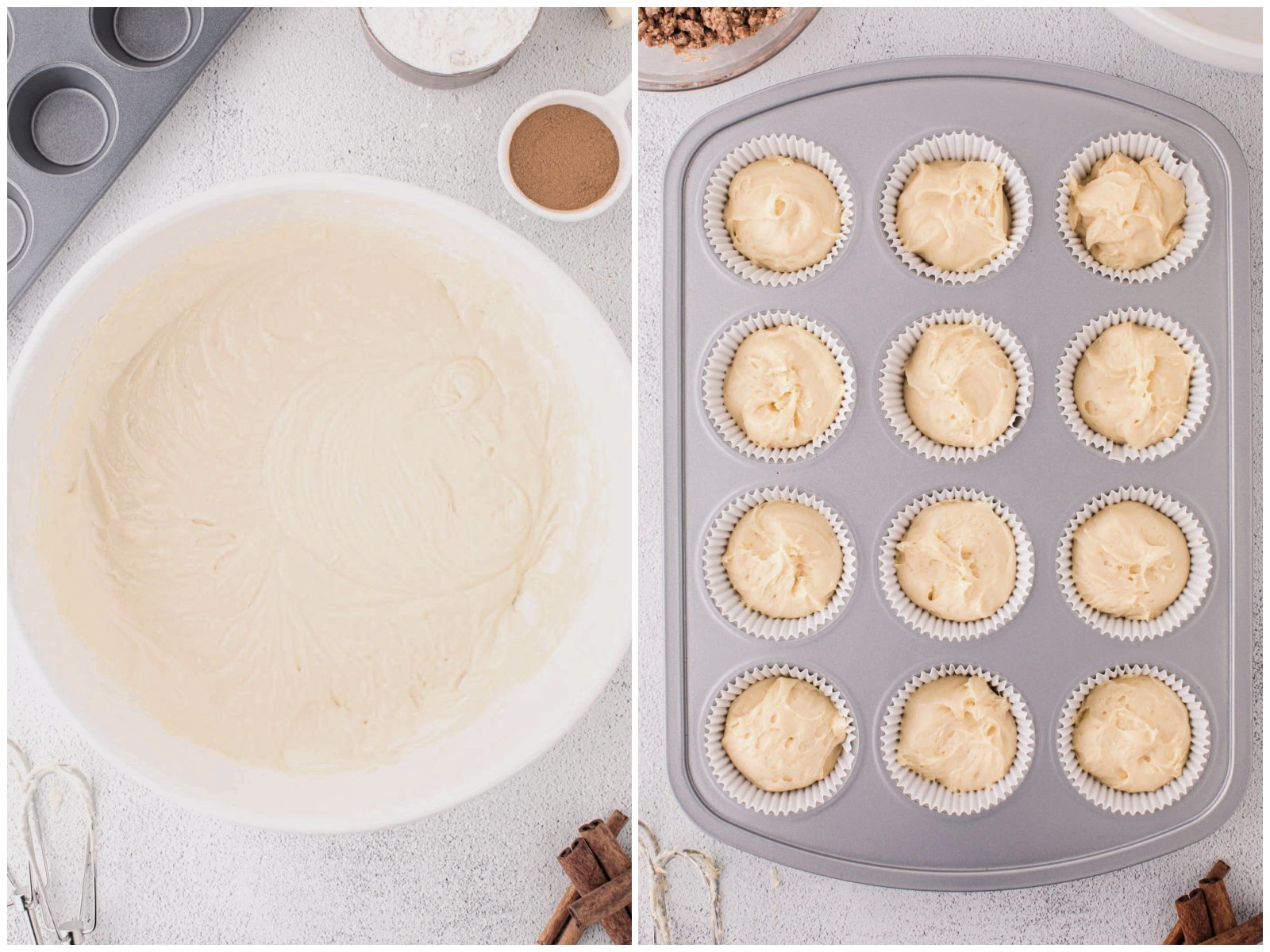 collage of two photos: fully mixed cake batter in a bowl; cake batter distributed into muffin tin.