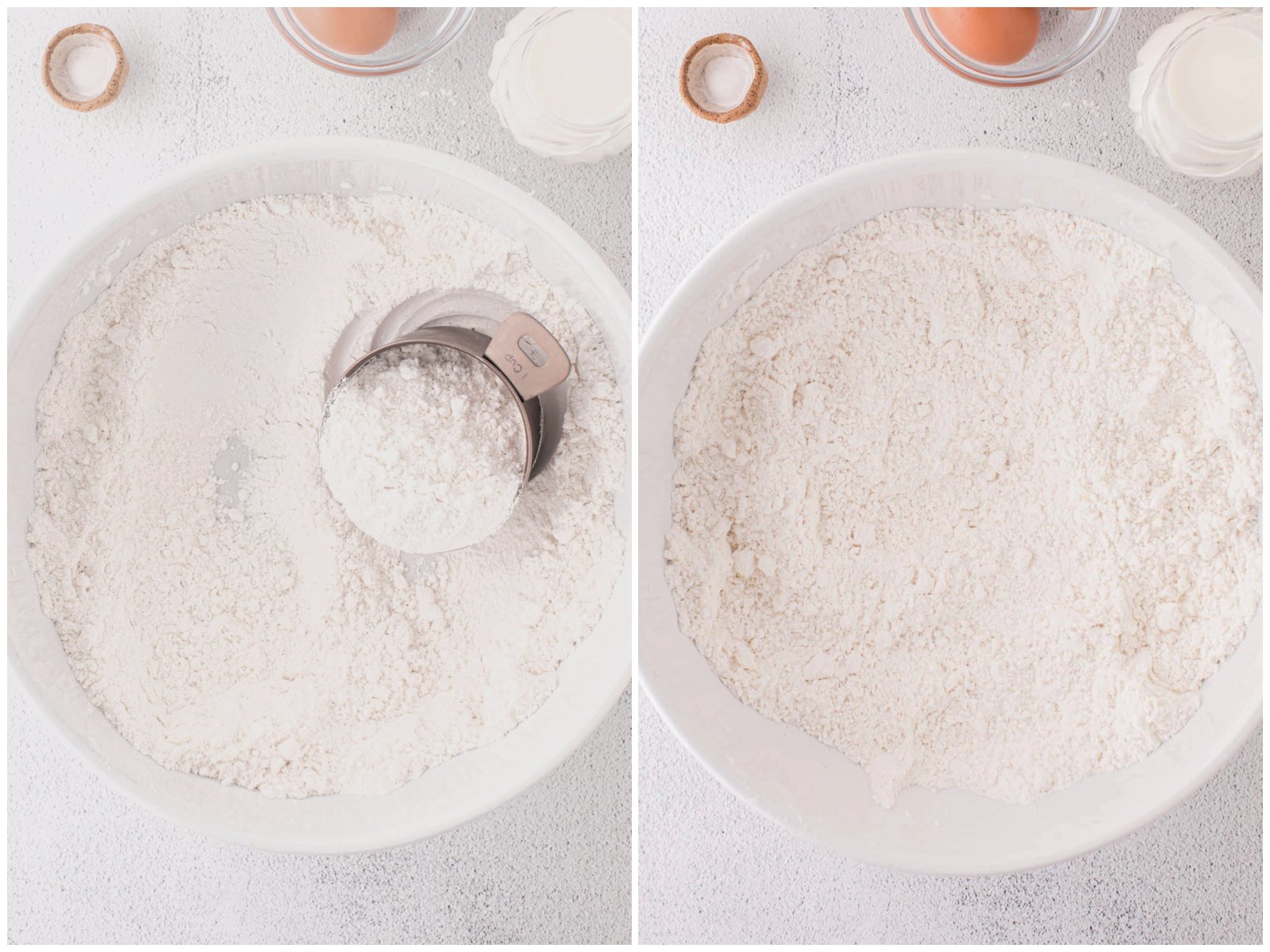 collage of two photos: a measuring cup scooping some cake mix out of a bowl; baking powder stirred into the cake mix.
