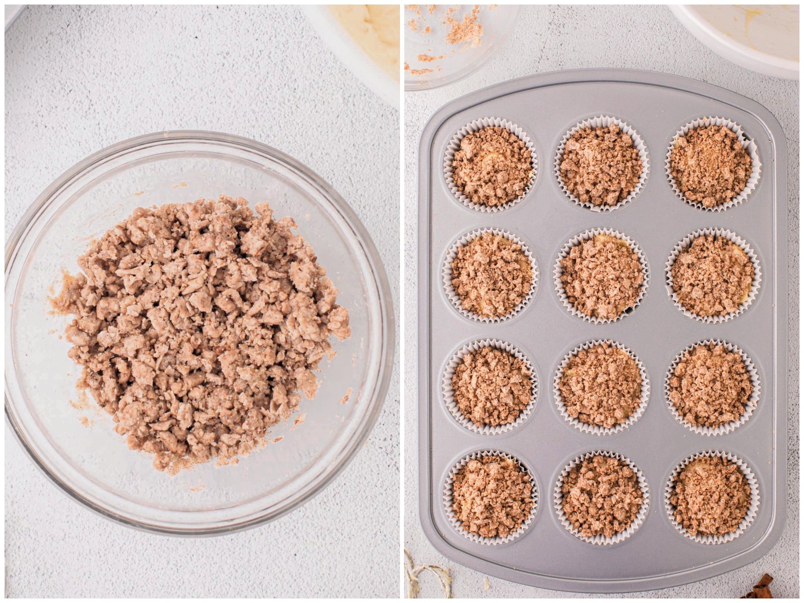 collage of two photos: crumble mixture showing in a small bowl; crumble mixture sprinkled on top of muffin batter in muffin tin. 