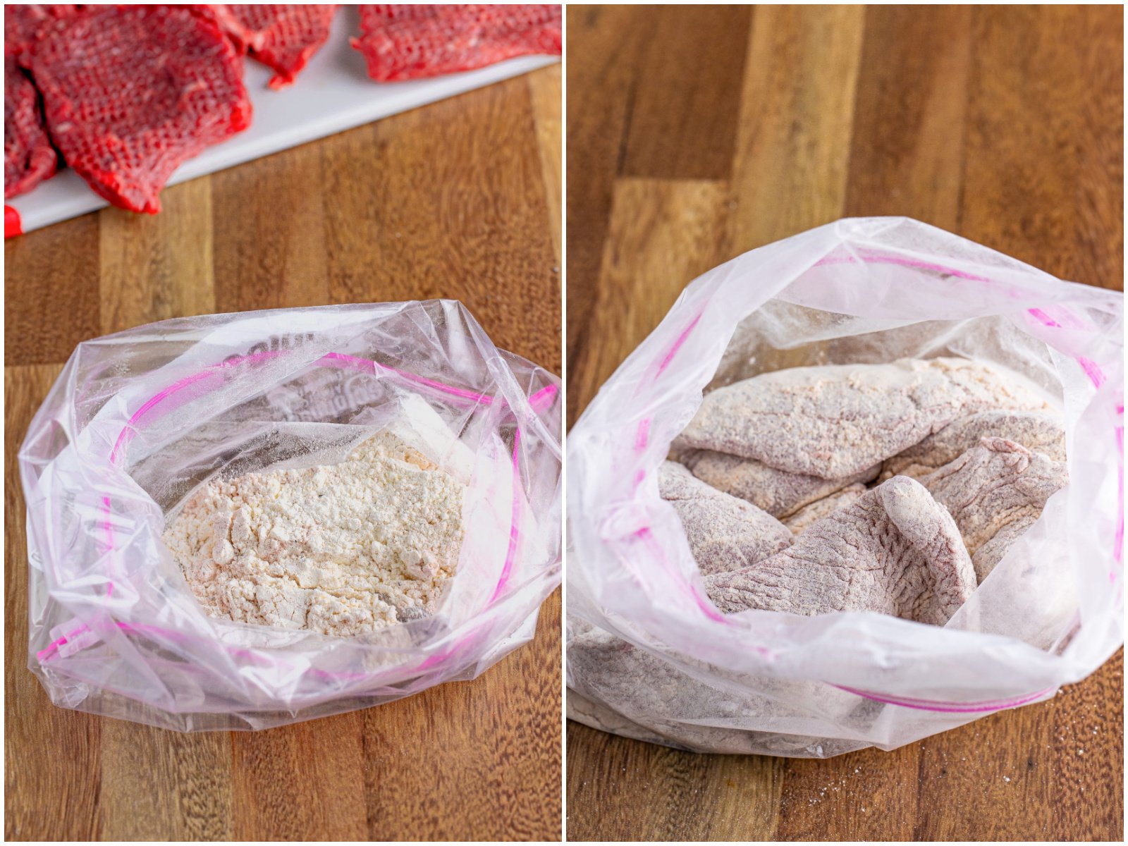 collage of two photos: flour and seasoning mixed up in a bag; cubed steaks being covered in the flour mixture. 