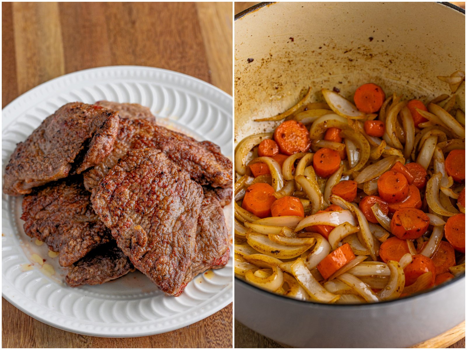 collage of two photos: browned steaks on a plate; carrots and onions being cooked in a dutch oven. 