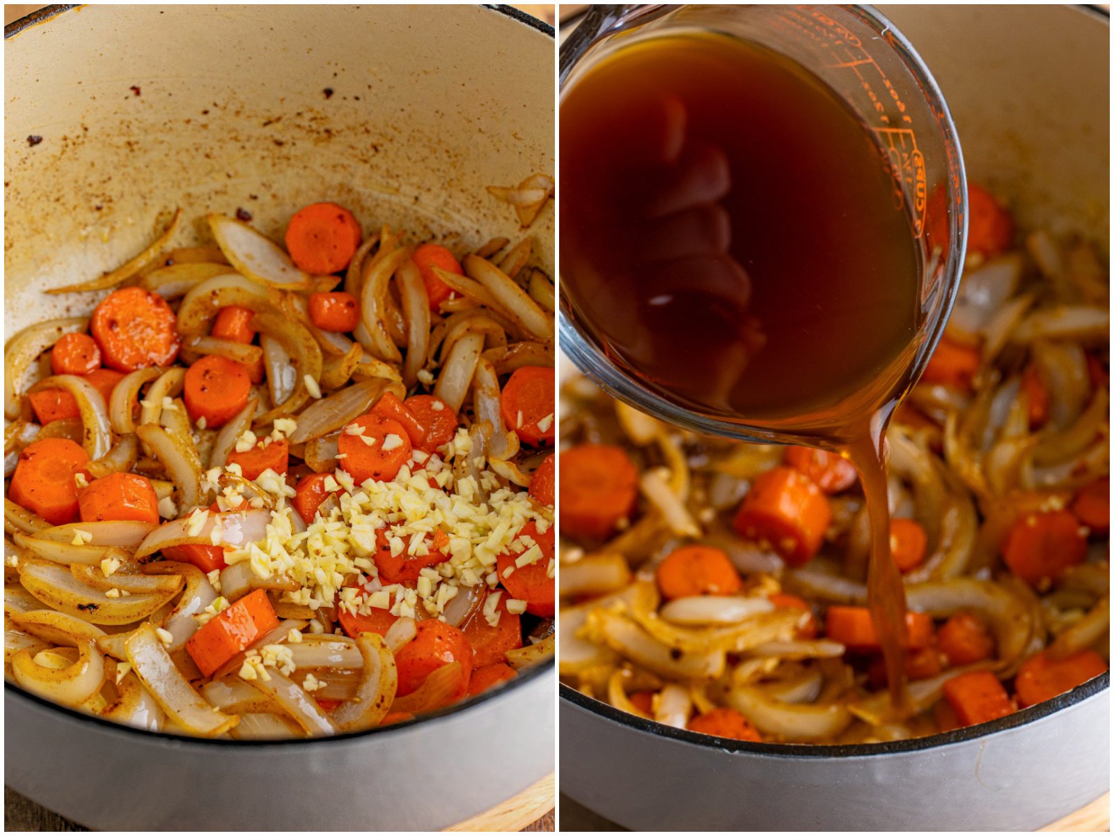 collage of two photos: fresh minced garlic added to carrot mixture in a pot; pouring beef broth into pot. 