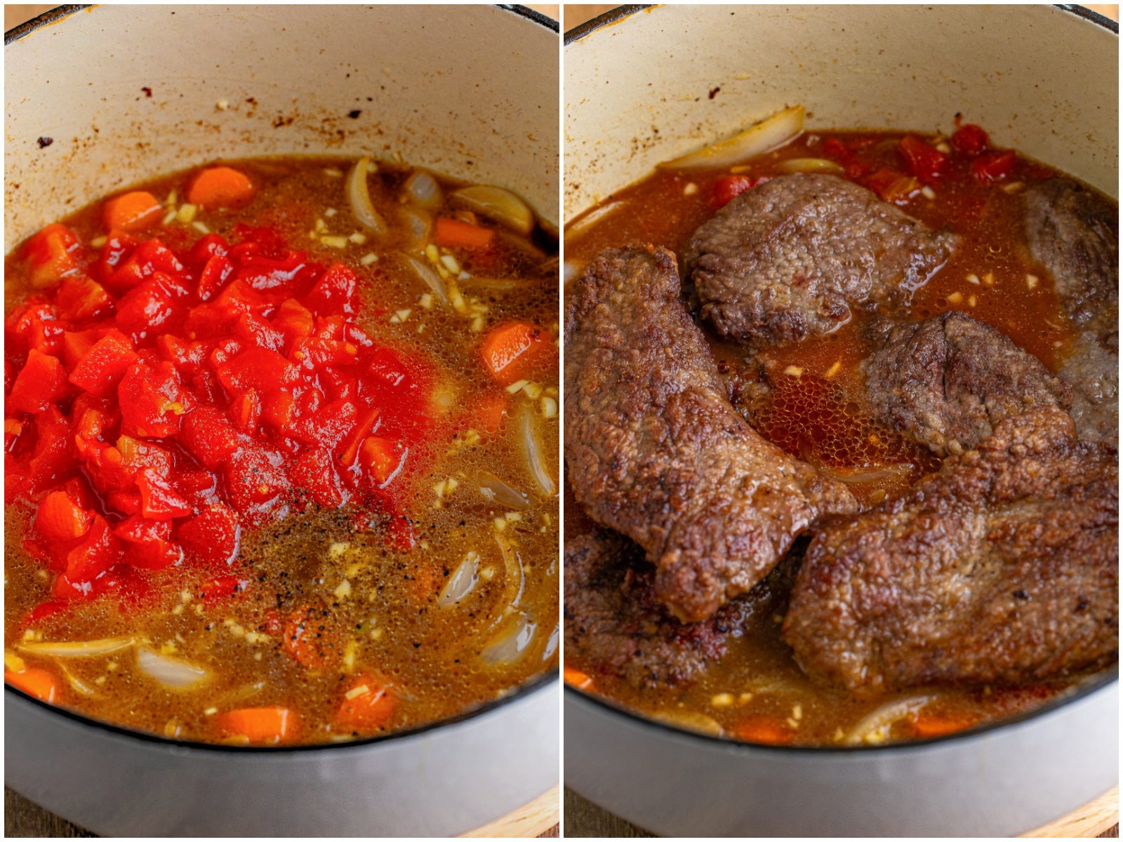 collage of two photos: diced tomatoes added to dutch oven; browned steaks added to dutch oven. 