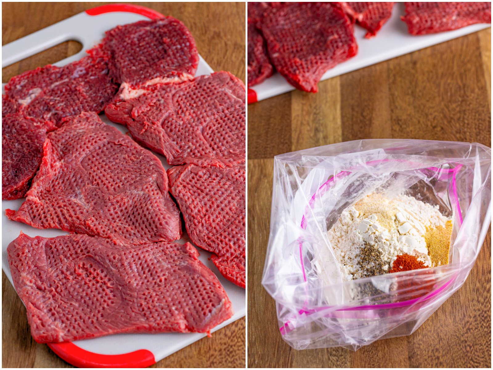 collage of two photos: a cutting board with pounded steaks; a plastic bag with flour, salt, pepper, garlic powder, onion powder, and paprika.