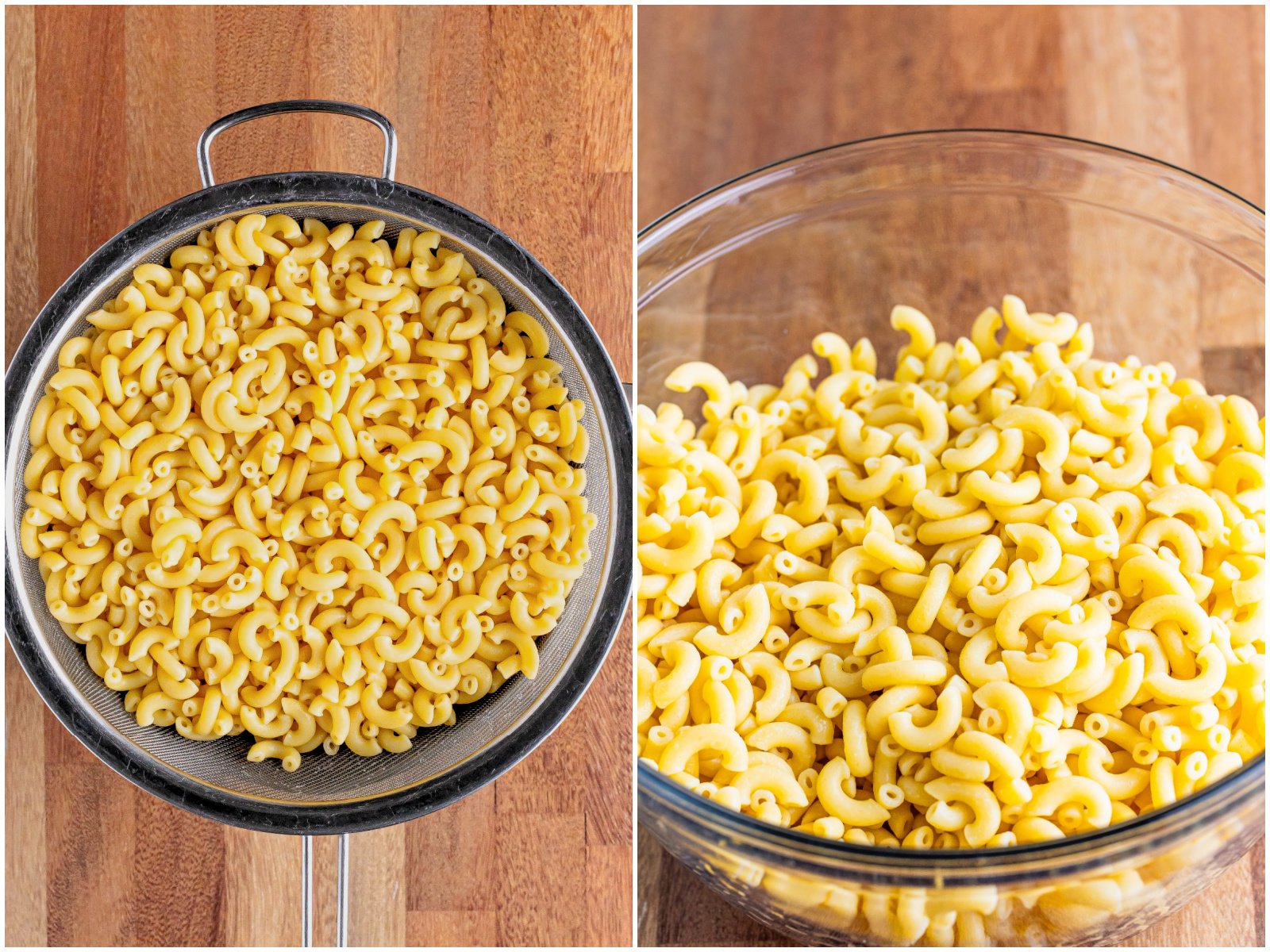 collage of two photos: cooked macaroni noodles in a strainer; cooked macaroni noodles in a large clear bowl.
